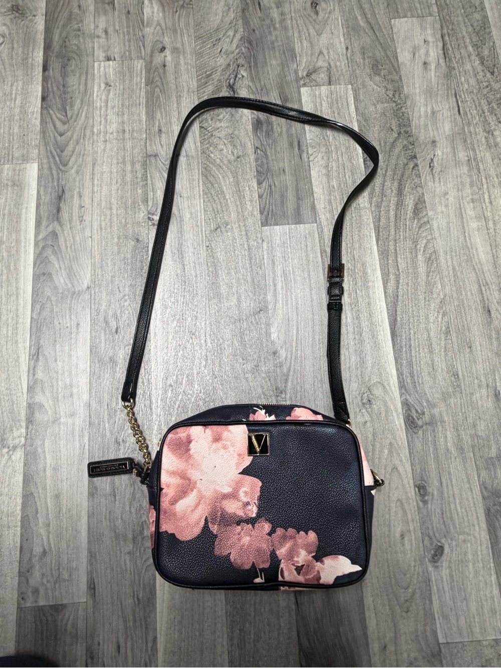 Victoria's Secret Black Crossbody with Pink Floral Print